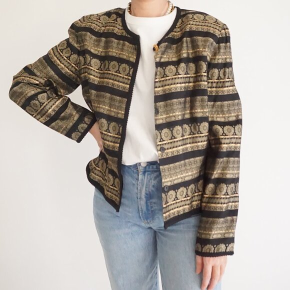 Vintage Maggy London Gold Black Floral Metallic Button Up Blazer 14 - Picture 1 of 10
